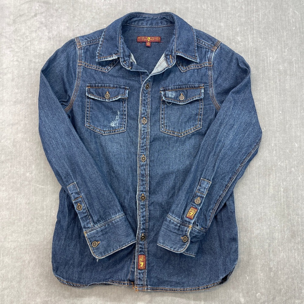 7 For‎ All Mankind Kids Medium Blue Denim Shirt Western Distressed